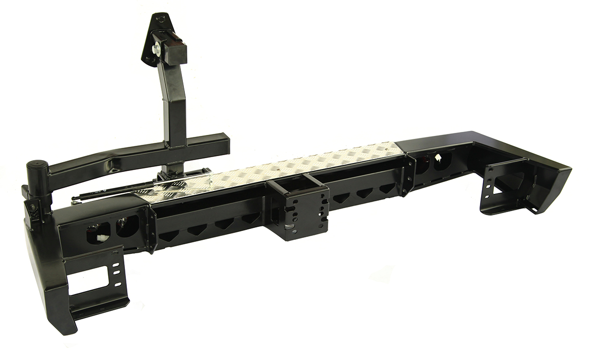 Бампер РИФ силовой задний УАЗ Патриот 2015+ с квадратом под фаркоп, калиткой и фонарями, стандарт