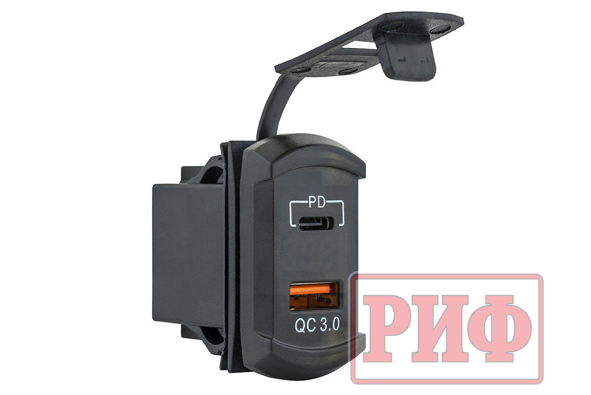 Розетка USB Type PD, QC 3.0 с вольтметром, синяя подсветка