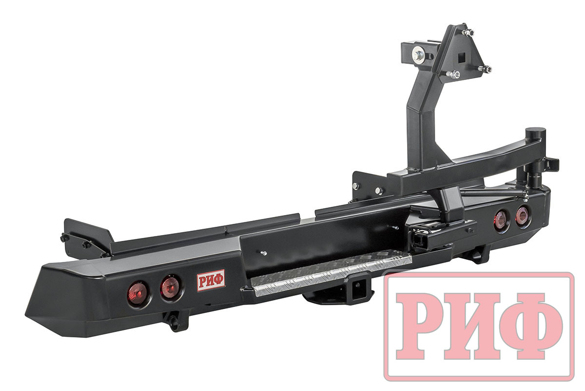 Бампер РИФ силовой задний Mitsubishi L200 2019-2022 с квадратом под фаркоп, калиткой, фонарями, подсветкой номера Бампер РИФ силовой задний Mitsubishi L200 2019-2022 с квадратом под фаркоп, калиткой, фонарями, подсветкой номера