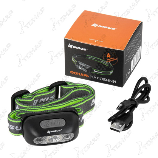 Фонарь налобный NISUS 3056S, сенсорный 120 LM, IPX4, USB 3056S
