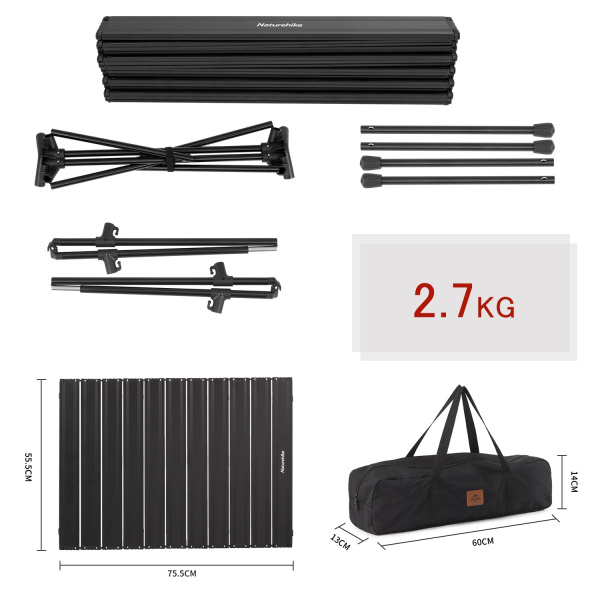 3 Стол туристический Naturehike FT11 алюминиевый, быстросборный, 75х55х44/34 см, складной, черный
