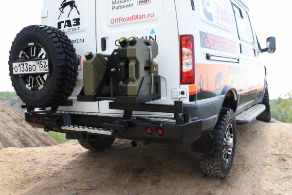 Бампер РИФ силовой задний для ГАЗ Соболь с квадратом под фаркоп, 2-мя калитками, фонарями, подсветкой номера стандарт