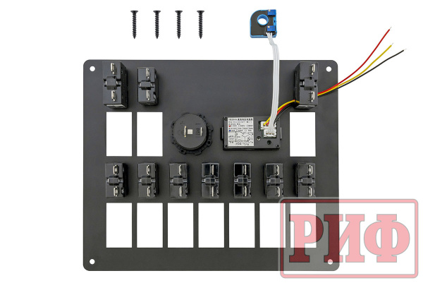 Панель монтажная распределительная для 10 переключателей 12-32В DC 10Ах8, 40Ах2, вольтметр, ампермет