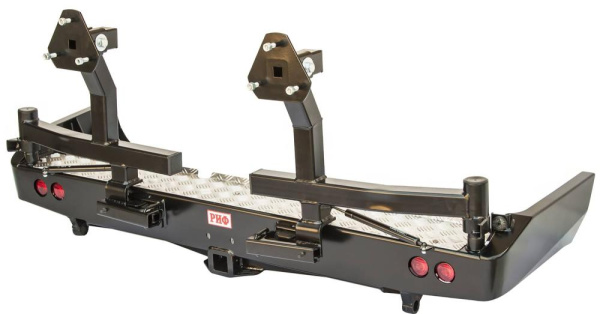 Бампер РИФ силовой задний Toyota Land Cruiser 80 с квадратом под фаркоп, 2-мя калитками и фонарями