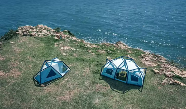 Палатка Naturehike Lingfeng Air 7.3 2-местная, быстросборная, надувной каркас, бело-голубая