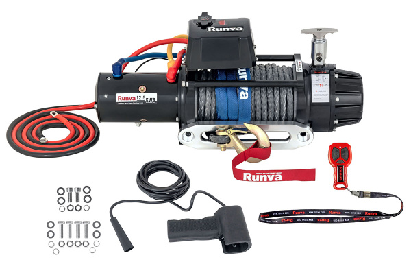 Лебёдка автомобильная электрическая 12V Runva EWB12500SSRMAC 5670 кг (влагозащищенная), комбинированный роспуск, синтетический трос