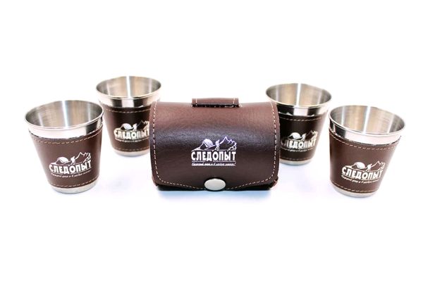 Рюмка «СЛЕДОПЫТ» 60 мл, в кожаной тубе, в дополнительном кожаном оплете (4 шт.)
