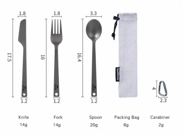 2 Набор столовых приборов Naturehike (нож, вилка, ложка), титан, в чехле