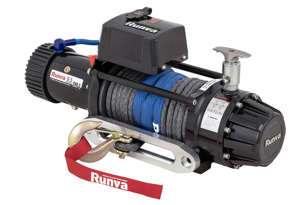 Лебёдка электрическая 12V Runva 9500 lbs 4350 кг влагозащищенная, синтетический трос, пневмороспуск