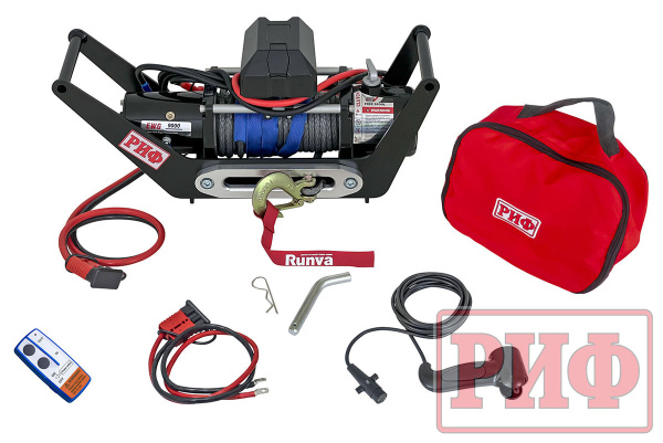 Лебёдка переносная РИФ 9000SR c площадкой в квадрат для фаркопа и проводами (в сборе) синтетический трос